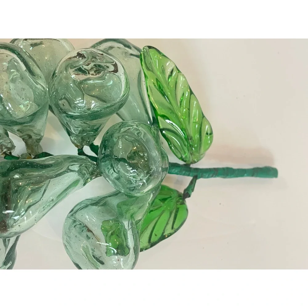Vintage Hand Blown Glass Grape Cluster Seafoam Green MCM Decorative Fruit Leaf